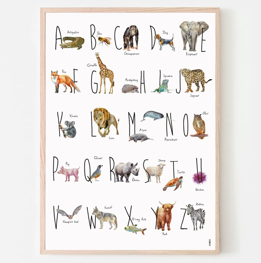 Abcleg Plakat - Engelsk alfabet plakat med dyr UKalfabetpl