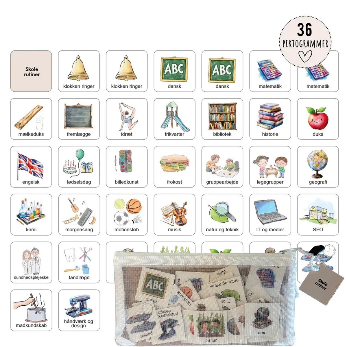 Piktogrammer til tjeklister 4 x 4 cm - Skole 36 stk. 99-pikt4x4skole