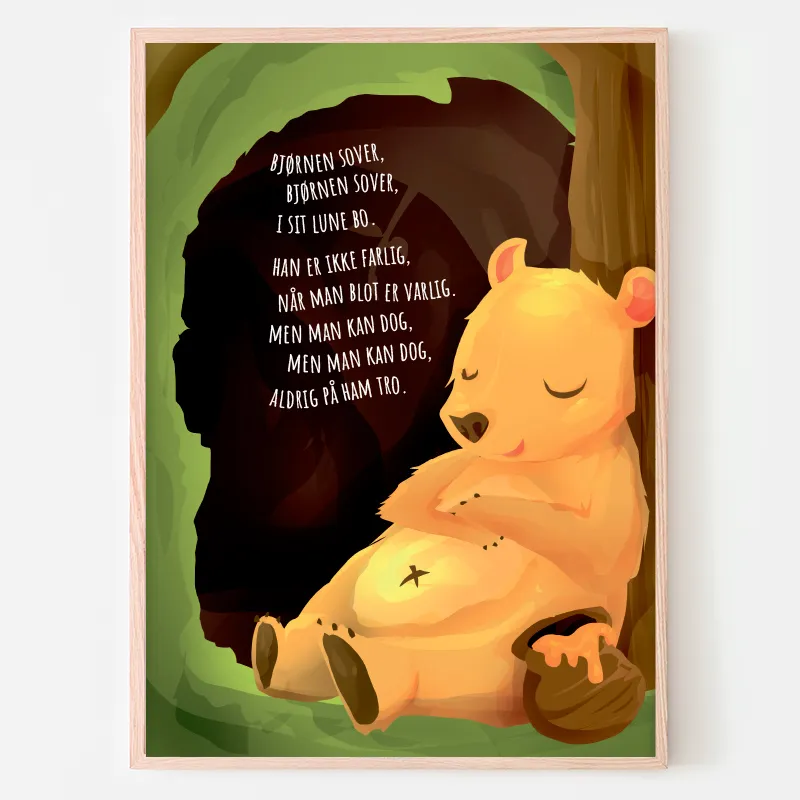 Abcleg Plakat - Bjørnen sover 50 x 70 cm m. tekst Bjørnen50x70